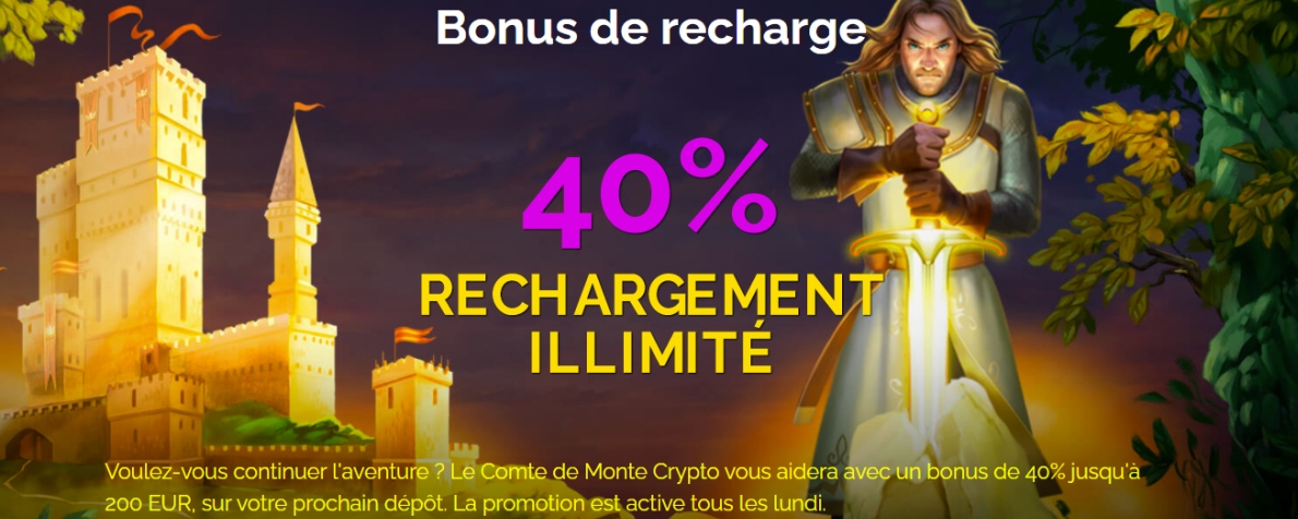 Bonus de 40 % de recharge offerts sur Monte Cryptos